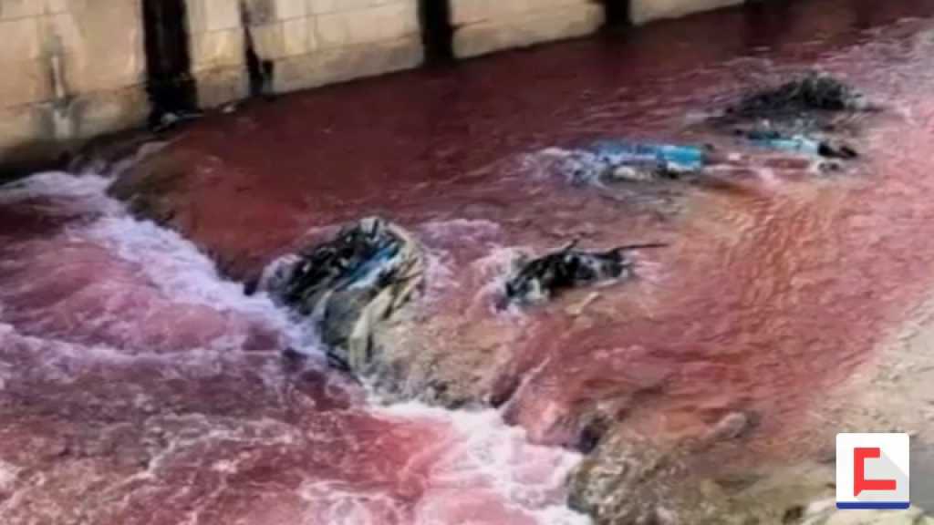 نهر يصب في الليطاني لونه يتحول إلى الأحمر الداكن